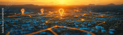 Aerial view of real estate mapping with location markers, connected lines, and highlighted land plots for property development analysis