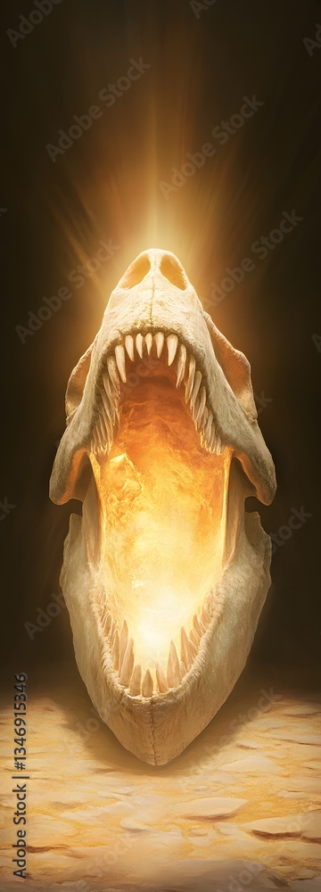 A podium set inside the mouth of a fossilized dragon skull, glowing with mystical energy.