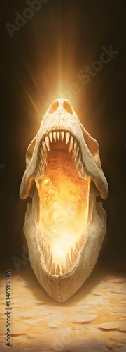 Obraz na płótnie A podium set inside the mouth of a fossilized dragon skull, glowing with mystical energy. w salonie