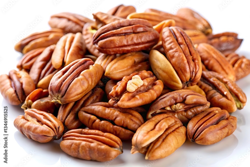 A close-up shot of shelled pecan nuts in a wooden bowl, spilling out onto a white surface. The nuts are light brown and have a slightly wrinkled texture. A close-up shot of shelled pecan nuts in a wooden bowl, spilling out onto a white surface. The nuts are light brown and have a slightly wrinkled texture.
