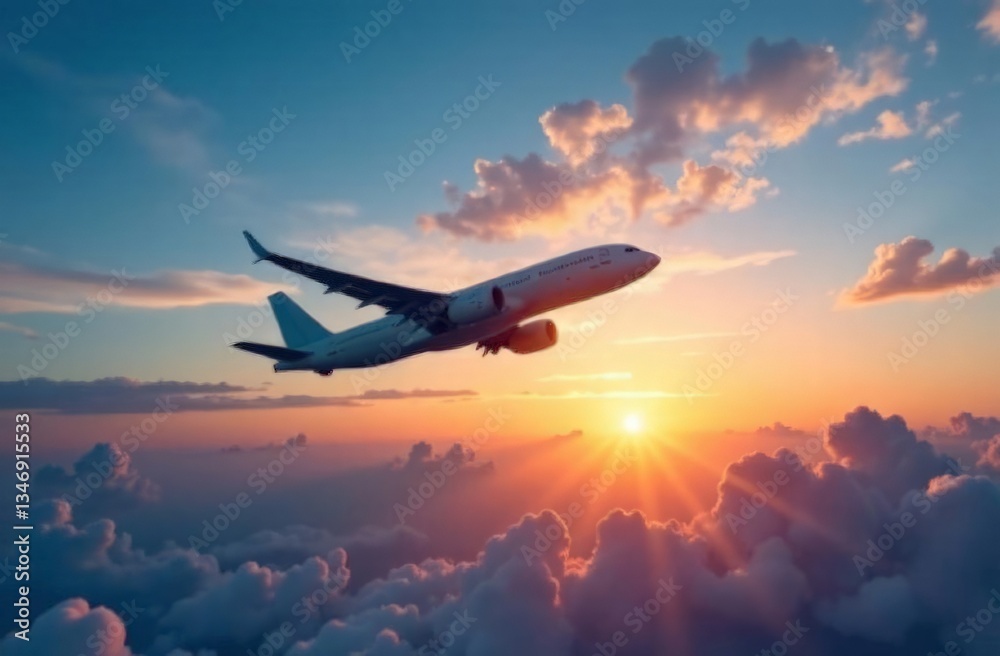 A airplane in mid-flight, on sky with vibrant shades of blue and orange during a tranquil sunset. A airplane in mid-flight, on sky with vibrant shades of blue and orange during a tranquil sunset.