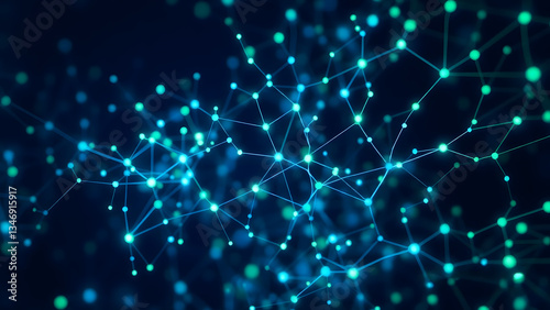 Abstract neural network with interconnected nodes in blue and green