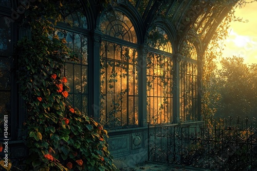 Overgrown Victorian greenhouse bathed in golden sunset light, nature reclaiming man-made structure.