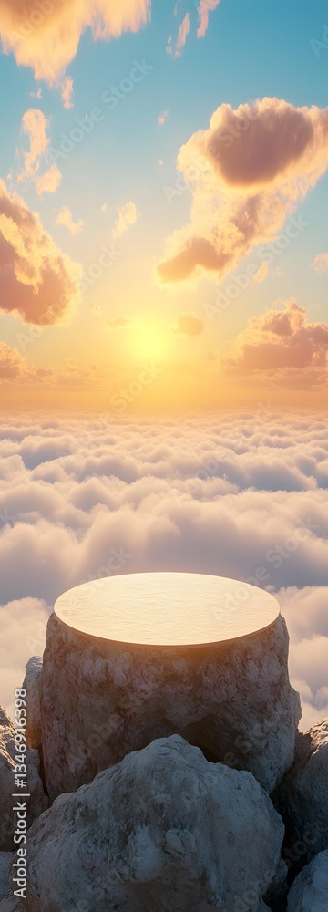 A podium standing on a mountain peak, overlooking an endless valley of clouds.
