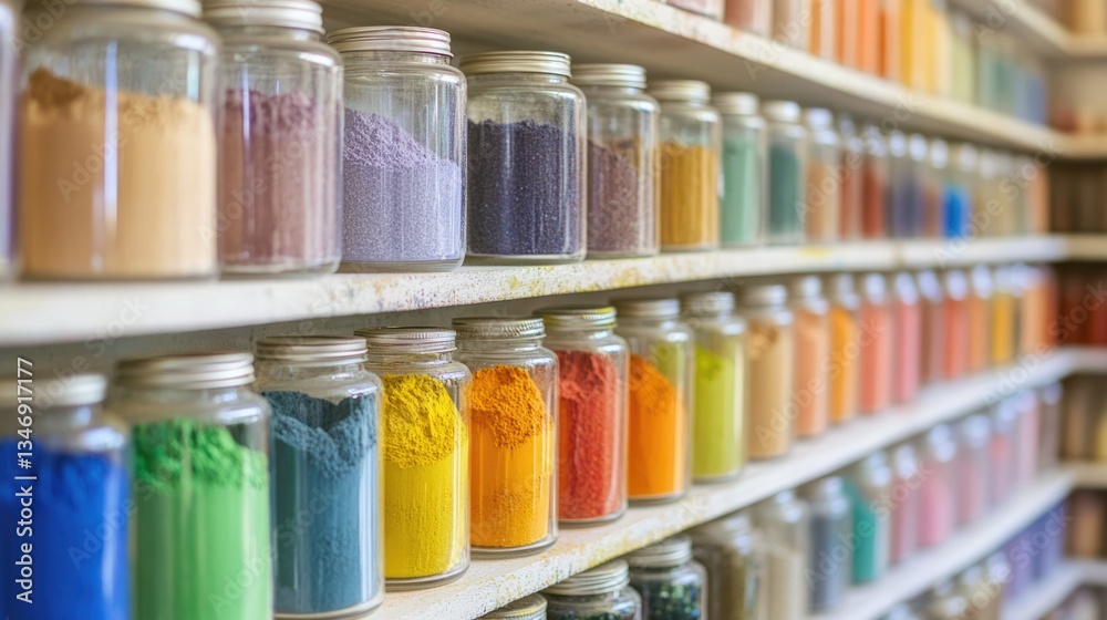 Vibrant Powder Pigment Collection in Glass Jars on Shelves Vibrant Powder Pigment Collection in Glass Jars on Shelves