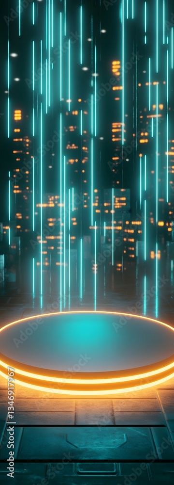 A neon-lit podium in a cybernetic metropolis, surrounded by digital holograms.