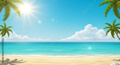 Serene beach scene with tranquil turquoise sea and palm trees, a tropical paradise for vacation background, summer vibes and relaxation, perfect for travel poster