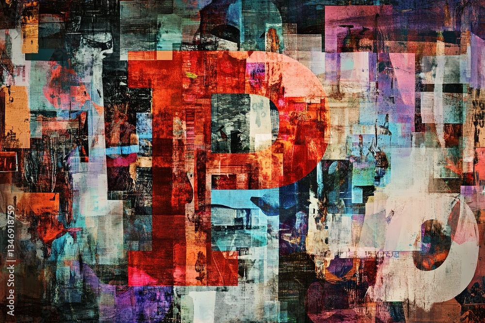 Abstract Collage Art Red & Teal Textured Layers, Grunge Style Design Abstract Collage Art Red & Teal Textured Layers, Grunge Style Design