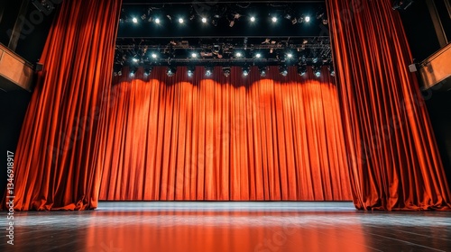 A splendid cabaret stage decorated with red velvet curtains and theatrical lighting