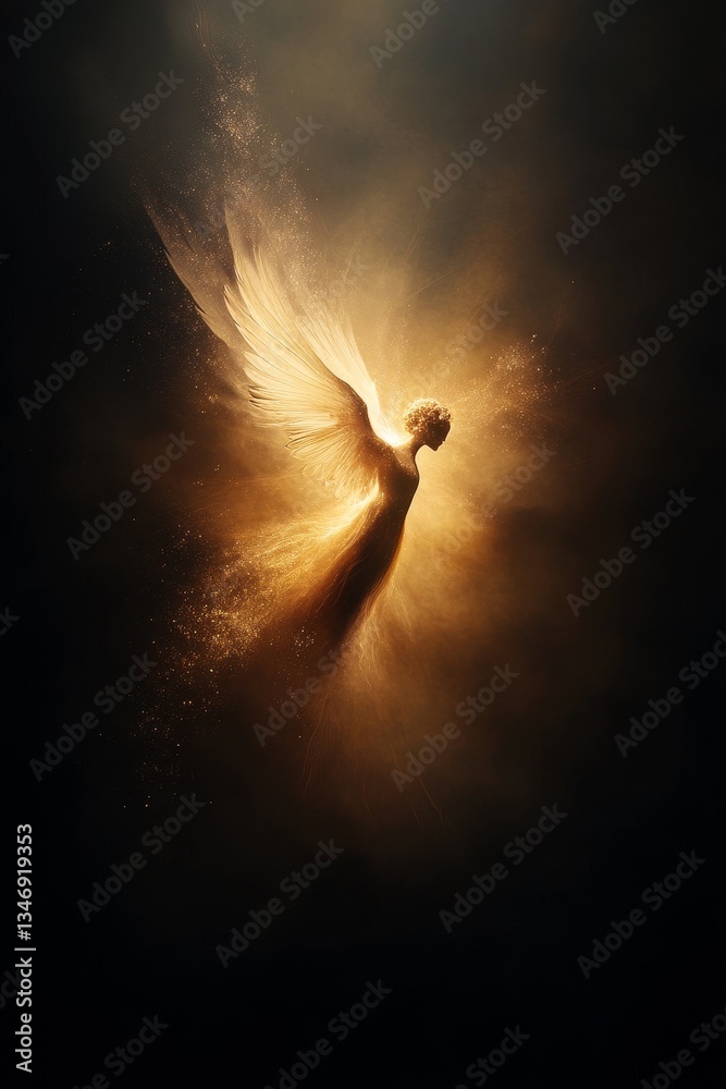 A luminous figure with wings, radiating golden light in a dark background, evokes a sense of ethereal beauty and grace.