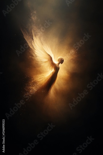 Obraz na płótnie A luminous figure with wings, radiating golden light in a dark background, evokes a sense of ethereal beauty and grace. w salonie