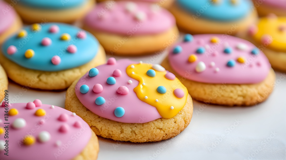 Colorful iced cookies on white background