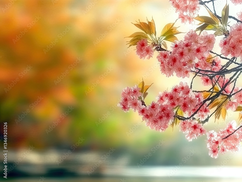 Banner with pink sakura flowers on sunny background. Beautiful spring nature background with blossoming sakura branch Banner with pink sakura flowers on sunny background. Beautiful spring nature background with blossoming sakura branch
