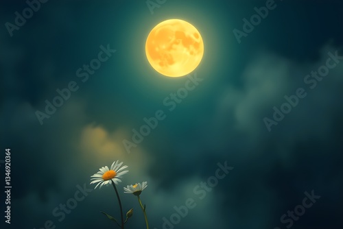 A vibrant, full moon glows warmly in a deep teal sky, illuminating two daisies below. Dark clouds add depth, creating a serene, mystical atmosphere