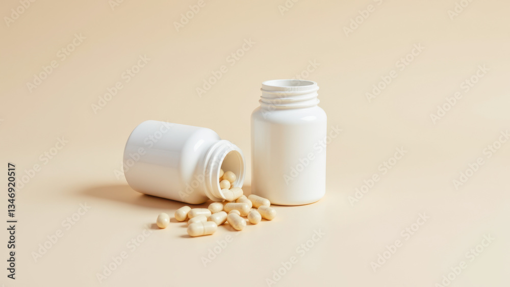 Magnesium glycinate dietary supplement capsules spilled on a table. Magnesium glycinate dietary supplement capsules spilled on a table.