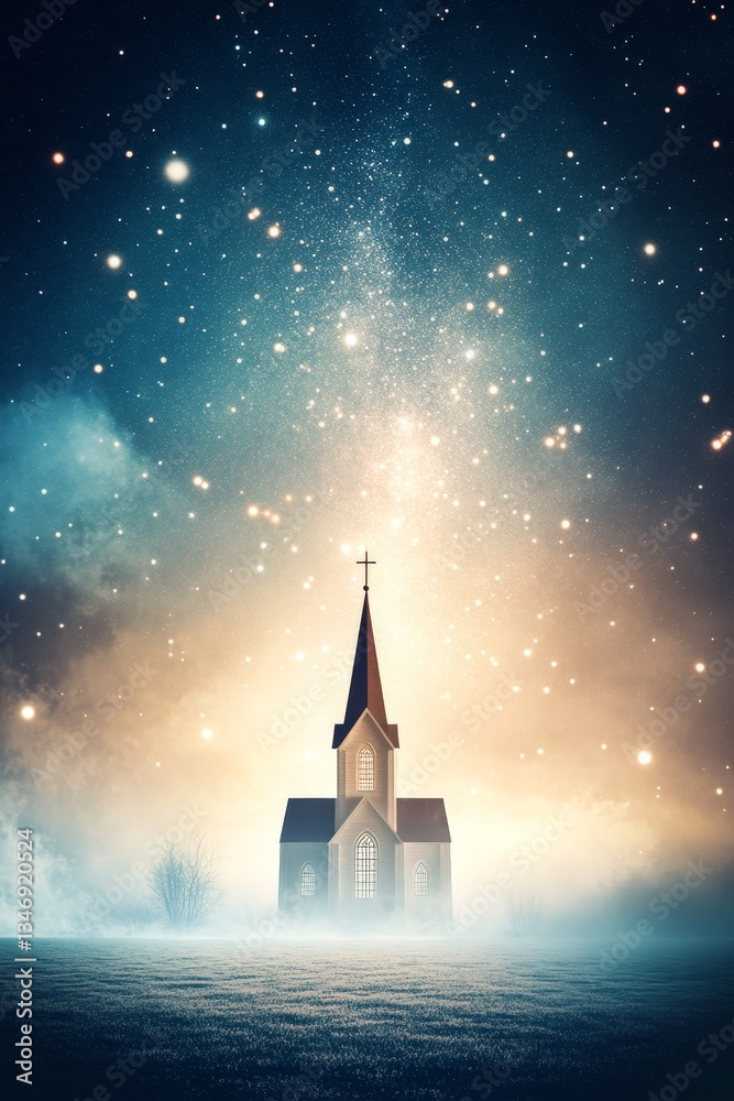 A mystical church stands against a starry sky, surrounded by fog, evoking a sense of serenity and wonder.