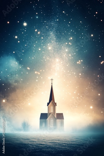 Obraz na płótnie A mystical church stands against a starry sky, surrounded by fog, evoking a sense of serenity and wonder. w salonie