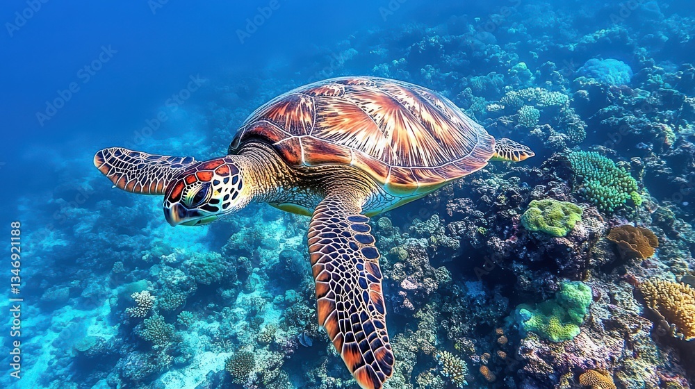 Fototapeta premium Sea turtle swimming amidst vibrant coral reef