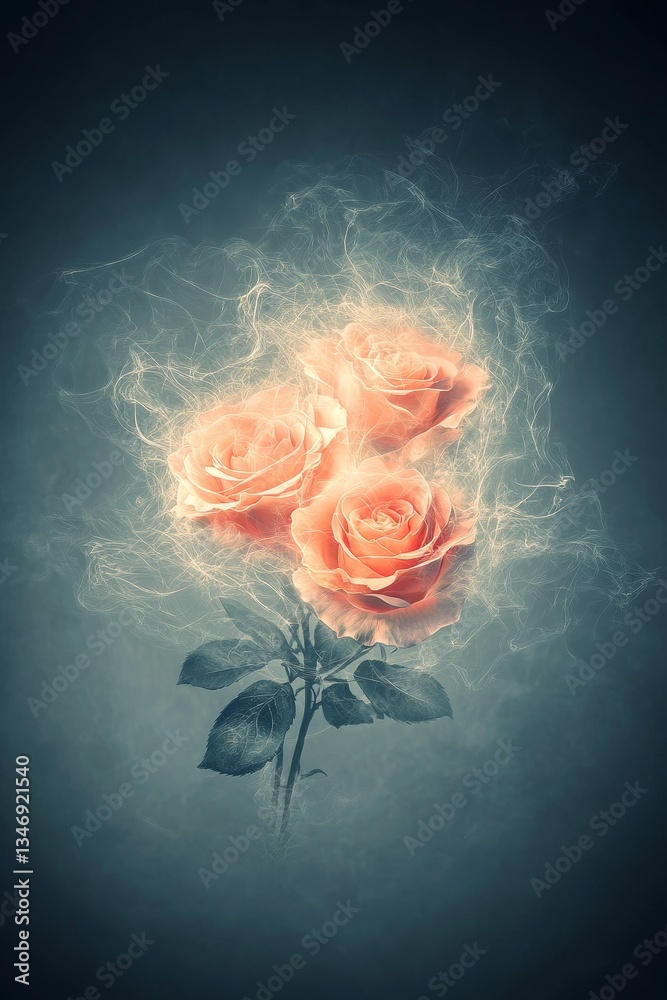 A dreamy depiction of three soft pink roses surrounded by ethereal wisps, creating a mystical and artistic atmosphere.