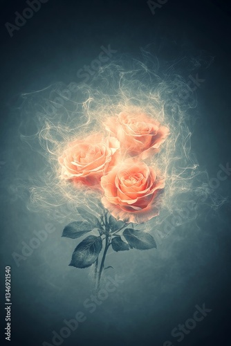 Obraz na płótnie A dreamy depiction of three soft pink roses surrounded by ethereal wisps, creating a mystical and artistic atmosphere. w salonie
