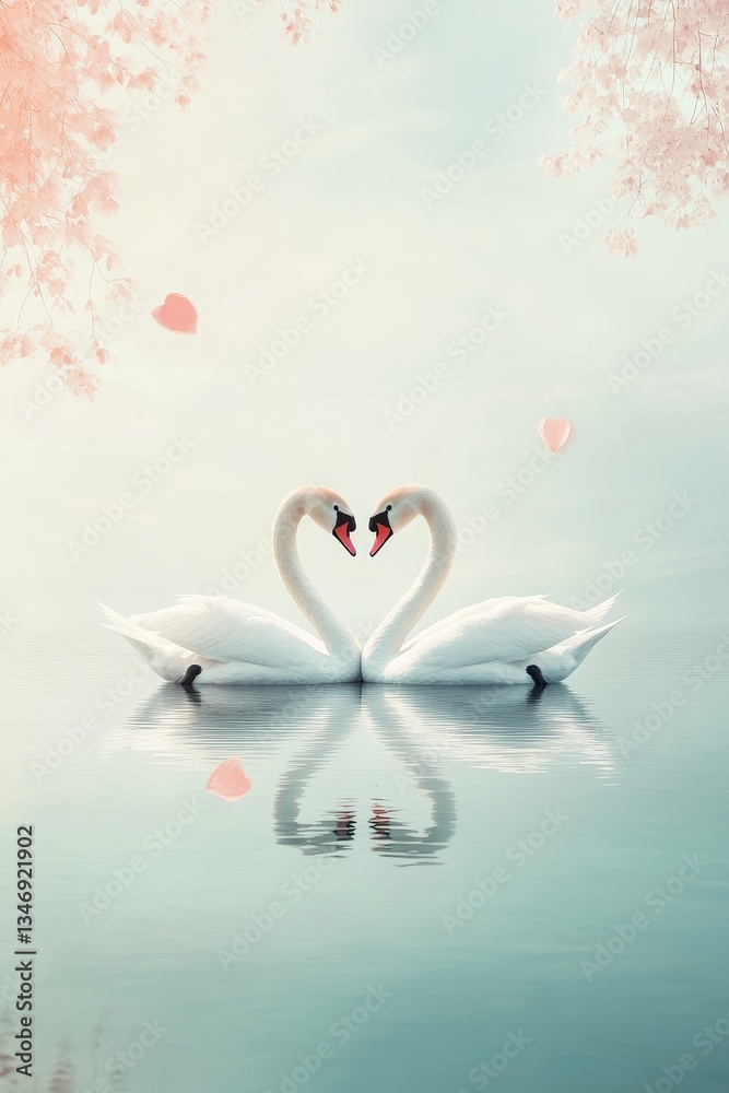 Two elegant swans create a heart shape with their necks, floating serenely on calm waters surrounded by soft pink petals.