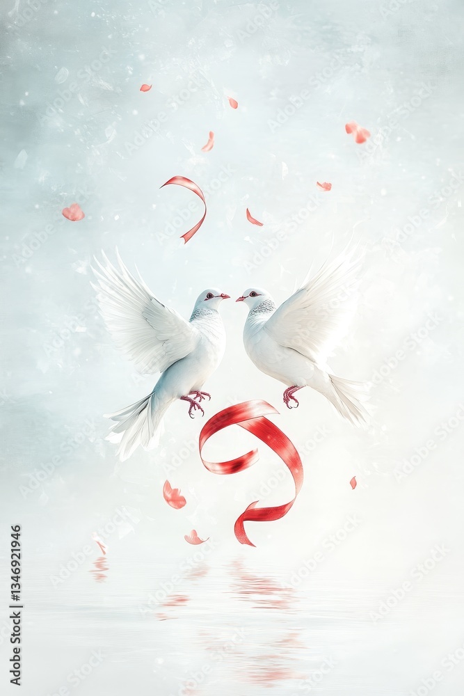 Two white doves gracefully face each other amidst red ribbons and delicate petals, symbolizing love and harmony in a serene, soft background.
