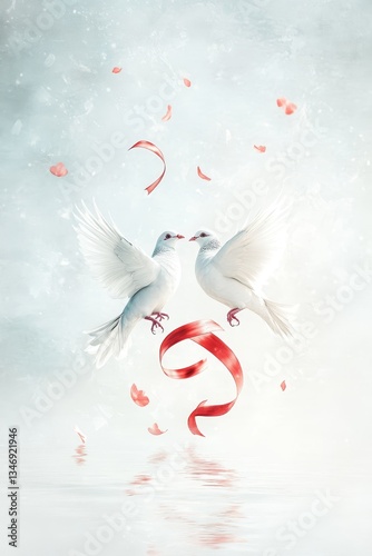 Obraz na płótnie Two white doves gracefully face each other amidst red ribbons and delicate petals, symbolizing love and harmony in a serene, soft background. w salonie