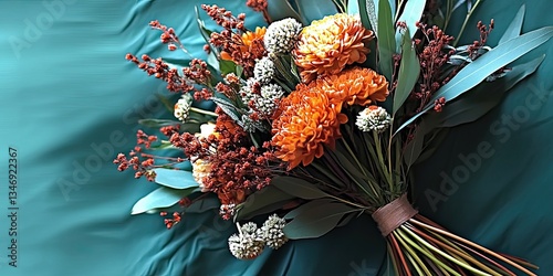 Bouquet of flowers on a green background with copy space