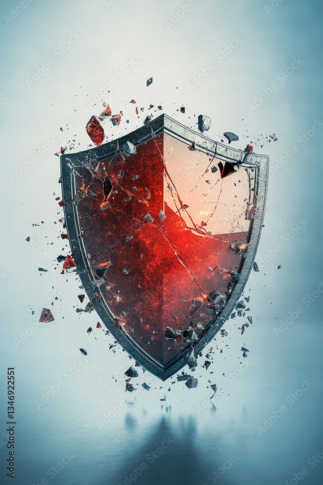 A shattered shield with a red center, symbolizing protection and vulnerability, set against a soft blue background.