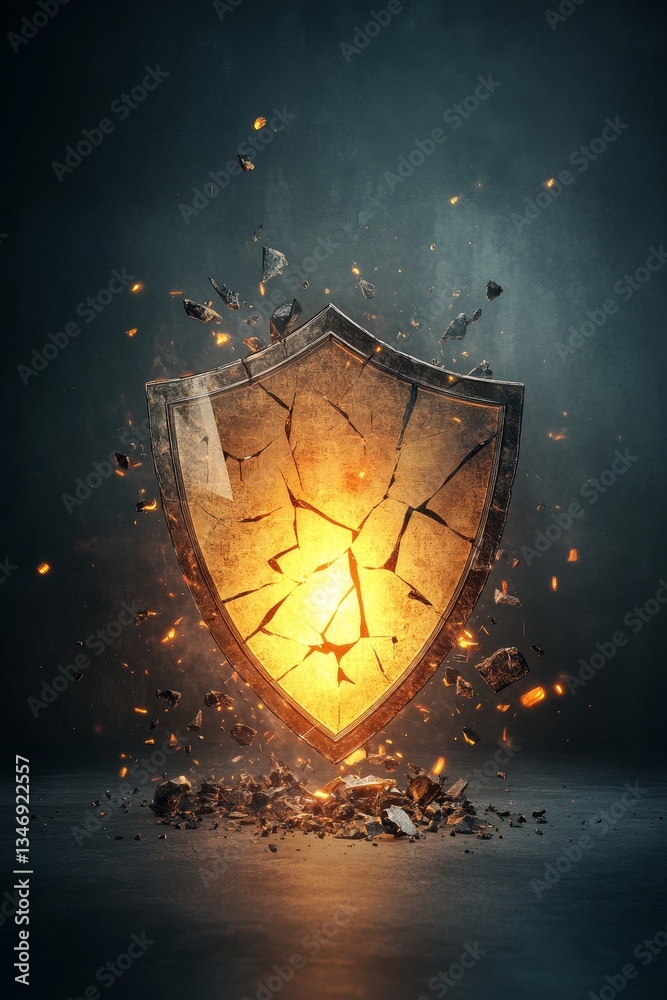 A glowing, cracked shield bursts apart, creating a dynamic visual effect with fragments flying, suggesting strength and resilience.