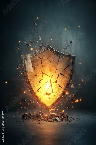 Obraz na płótnie A glowing, cracked shield bursts apart, creating a dynamic visual effect with fragments flying, suggesting strength and resilience. w salonie