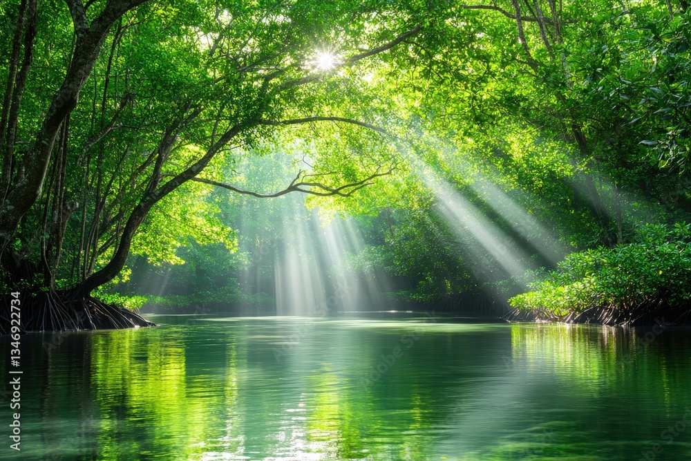 Obraz premium A serene river scene surrounded by lush greenery, with sunlight filtering through the trees, creating a tranquil and peaceful atmosphere.