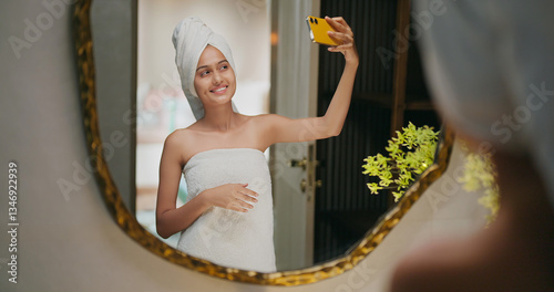 Photography Indian happy gen z young adult female lady wrapped towel head body after shower