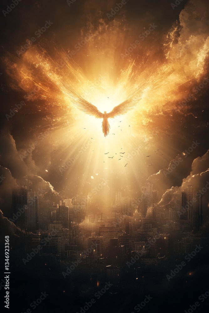 A radiant phoenix rises over a city skyline, engulfed in golden light and surrounded by dramatic clouds, symbolizing rebirth and hope.