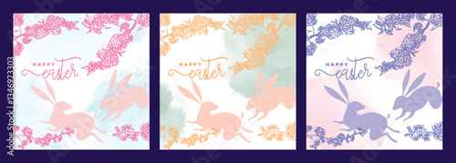 Elegant Easter square designs with bunnies, hand drawn line art cherry blossoms and vector watercolor splatters. Set of pastel illustrations for social media, web and print projects. 