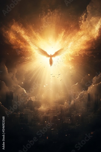 Obraz na płótnie A radiant phoenix rises over a city skyline, engulfed in golden light and surrounded by dramatic clouds, symbolizing rebirth and hope. w salonie