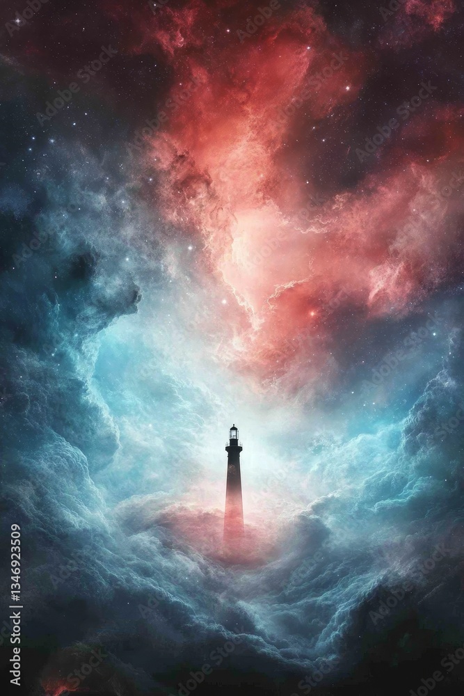 A stunning cosmic scene featuring a lighthouse emerging from colorful nebulae, symbolizing guidance amidst the vastness of space.