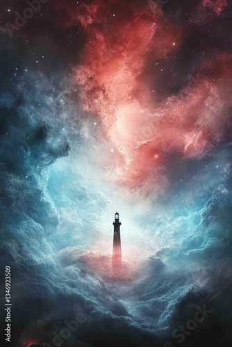 Obraz na płótnie A stunning cosmic scene featuring a lighthouse emerging from colorful nebulae, symbolizing guidance amidst the vastness of space. w salonie