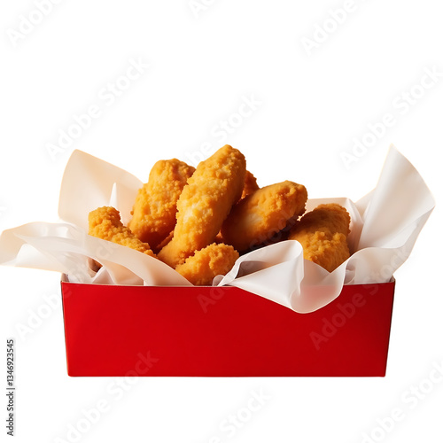 A red rectangular box filled with crispy golden brown fried chicken tenders lined with white parchment paper on transparent background