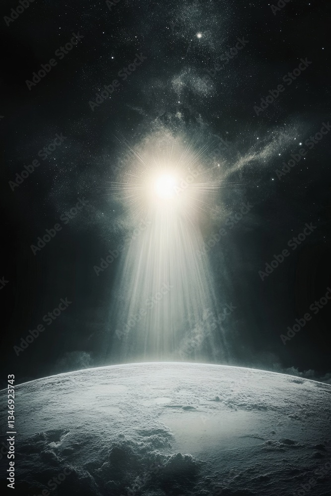 A celestial scene featuring a glowing light beam illuminating a distant planet, surrounded by a starry expanse of space.