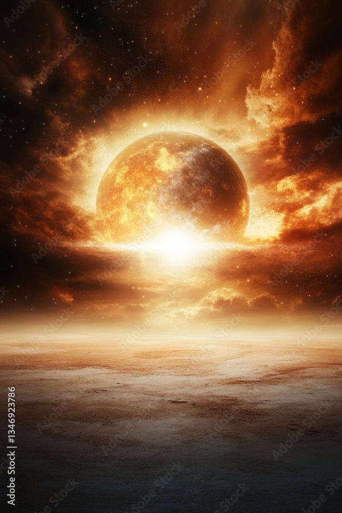 A stunning cosmic scene featuring a vibrant, fiery planet rising above a barren landscape, surrounded by swirling clouds and a starry sky.