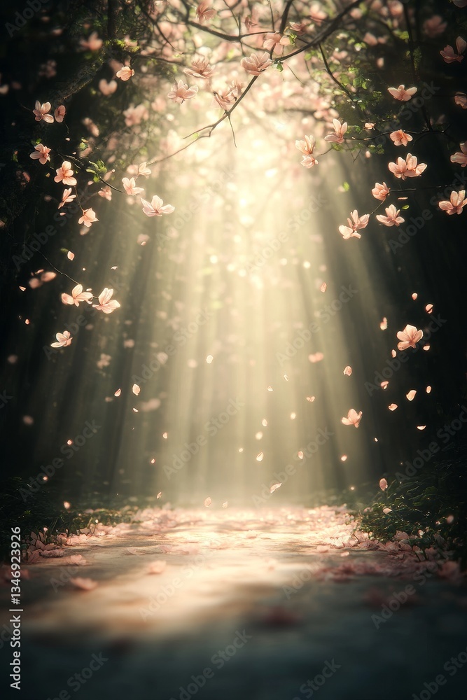A serene pathway illuminated by soft sunlight, surrounded by flowering trees, creating a magical, ethereal atmosphere.