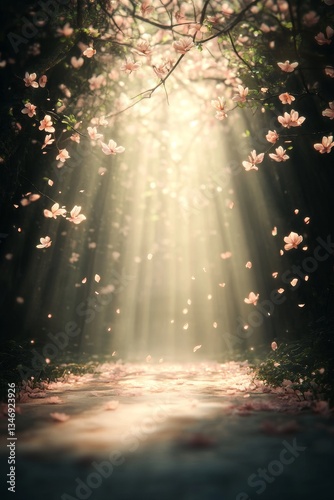 A serene pathway illuminated by soft sunlight, surrounded by flowering trees, creating a magical, ethereal atmosphere.