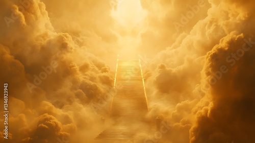 A golden staircase appearing in the clouds, leading upwards into an unknown realm beyond sight 