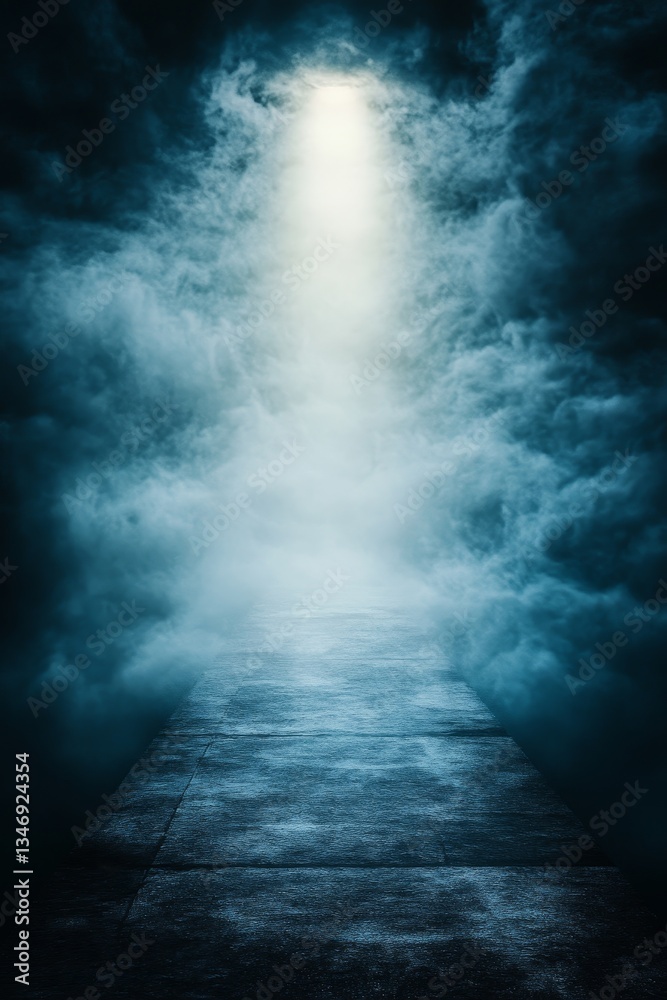 A mysterious pathway illuminated by a bright light, surrounded by swirling fog, creating an ethereal and haunting atmosphere.