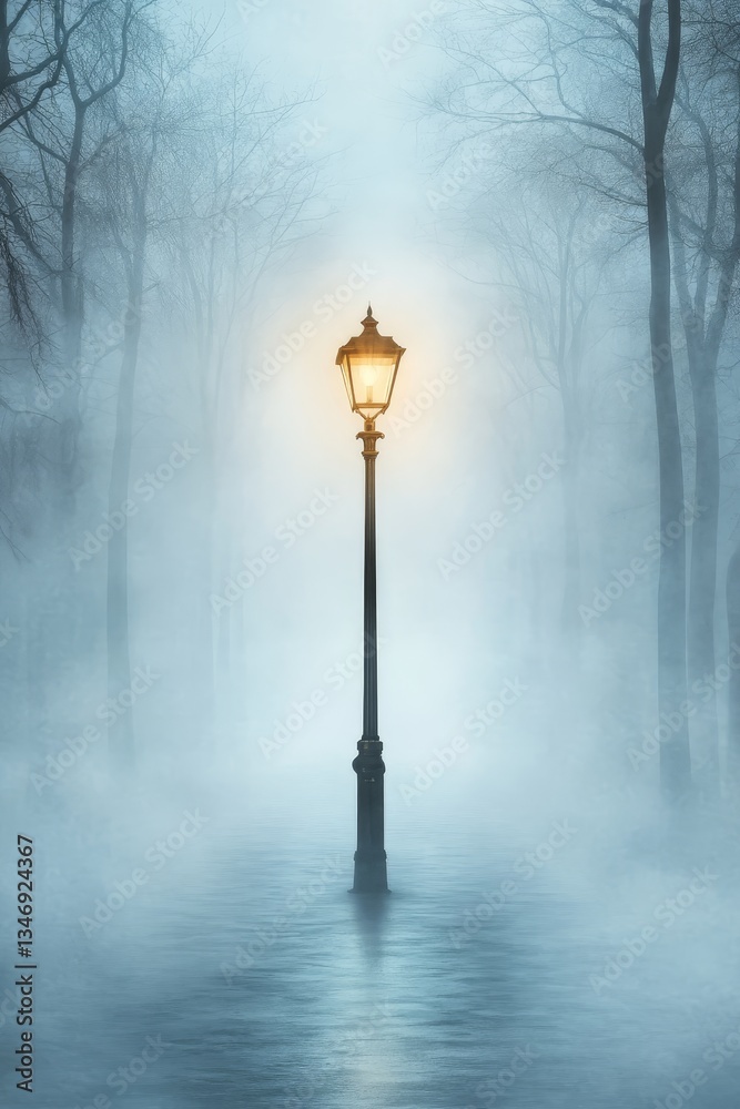 A solitary lamppost emits a warm glow in a misty forest, creating a mystical and serene atmosphere.