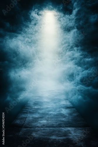 Obraz na płótnie A mysterious pathway illuminated by a bright light, surrounded by swirling fog, creating an ethereal and haunting atmosphere. w salonie