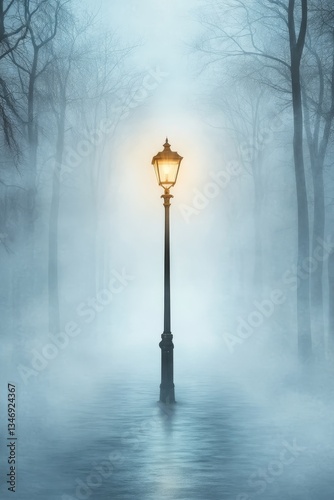 Obraz na płótnie A solitary lamppost emits a warm glow in a misty forest, creating a mystical and serene atmosphere. w salonie