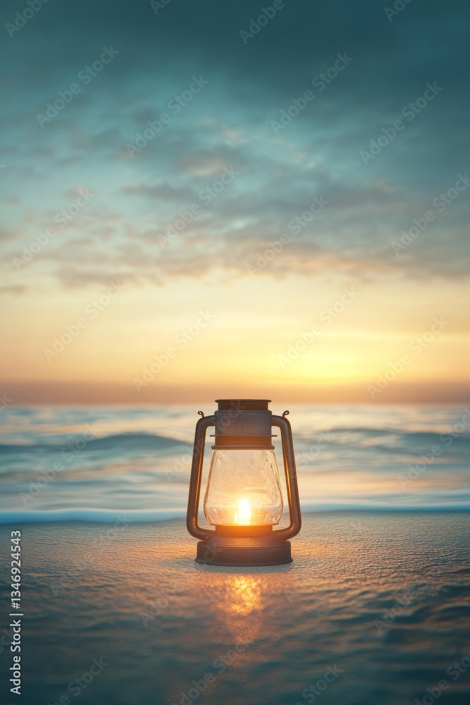 A glowing lantern sits on the shore, illuminating the tranquil ocean as the sun sets, creating a serene and peaceful atmosphere.