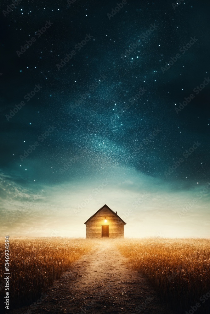 A solitary house stands in a vast field under a starry sky, illuminated from within, creating a serene and mystical atmosphere.